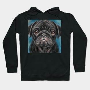 Contemporary Painting of a Young Black Pug with Gorgeous Innocent Expression on Blue Background Hoodie